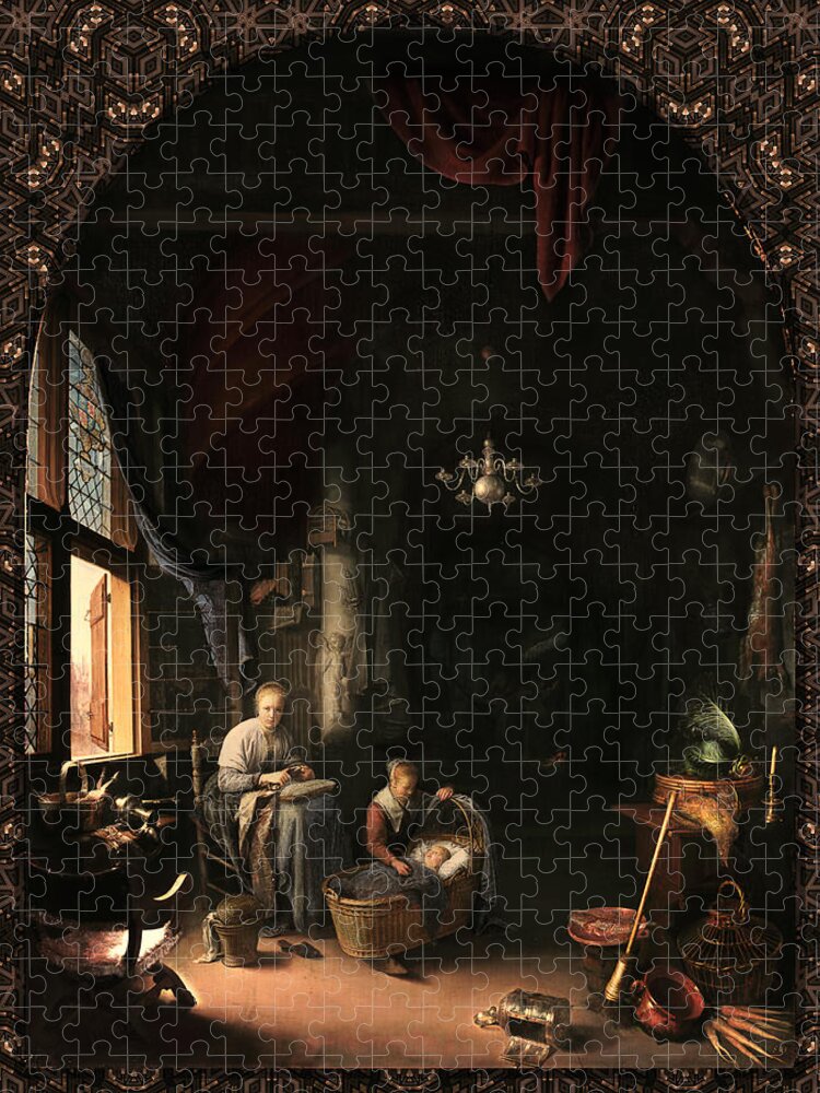 The Young Mother Jigsaw Puzzle featuring the digital art The Young Mother by Gerrit Dou by Rolando Burbon