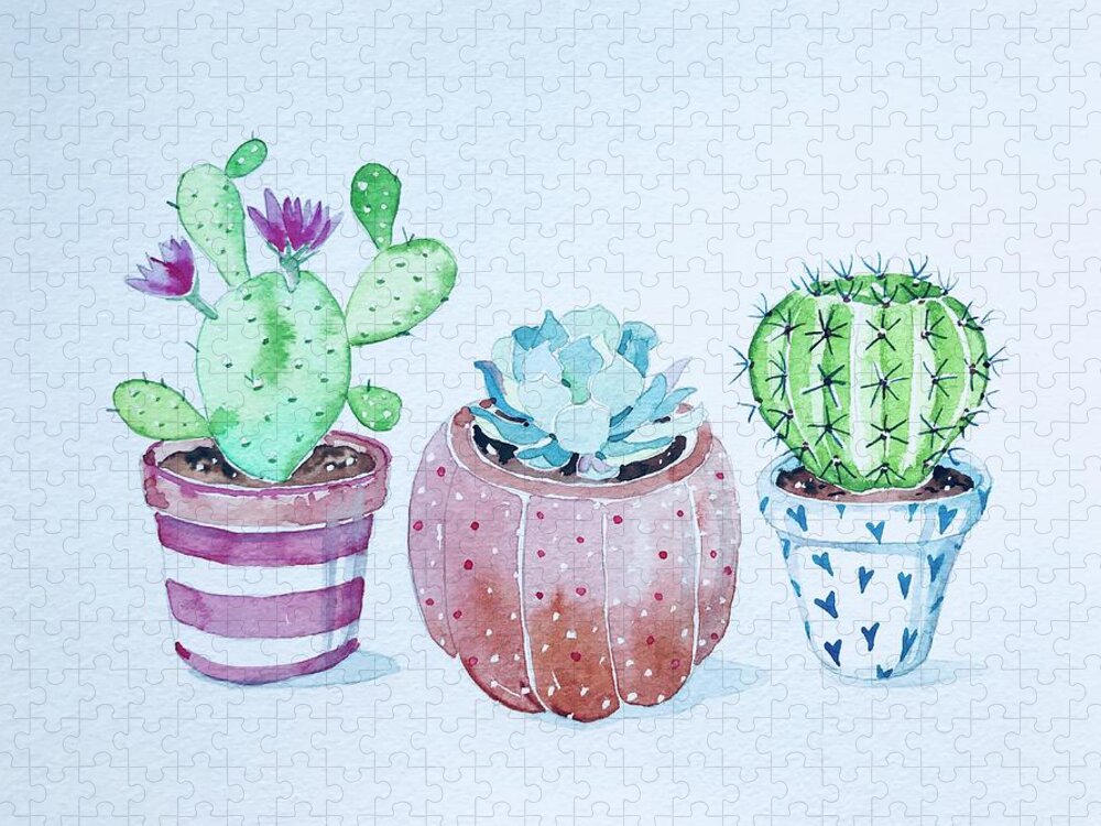 Cactus Jigsaw Puzzle featuring the painting Three Cactus by Luisa Millicent