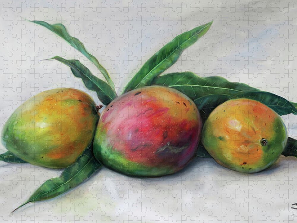 Still Life Jigsaw Puzzle featuring the painting Three Julie Mangos by Jonathan Gladding