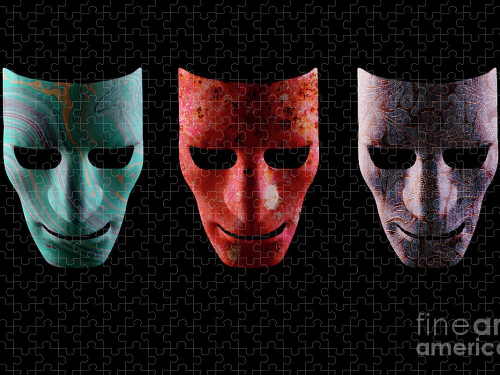 Mask Jigsaw Puzzle featuring the photograph Three textured AI robotic face masks by Simon Bratt