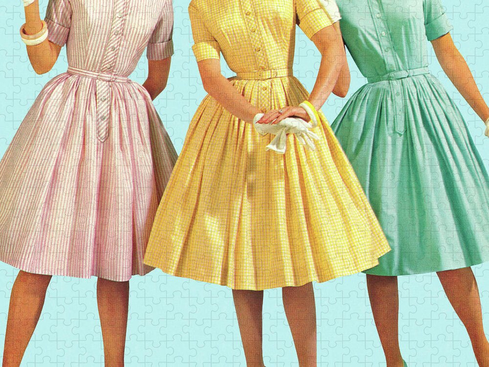 Adult Jigsaw Puzzle featuring the drawing Three Woman Wearing Pastel Colored Dresses by CSA Images