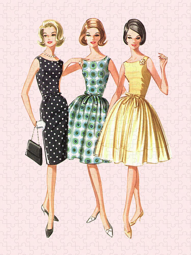Adult Jigsaw Puzzle featuring the drawing Three Women Modeling Dresses by CSA Images