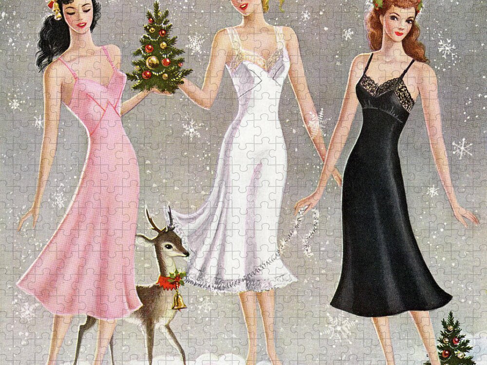 Adult Jigsaw Puzzle featuring the drawing Three Women Wearing Slips by CSA Images