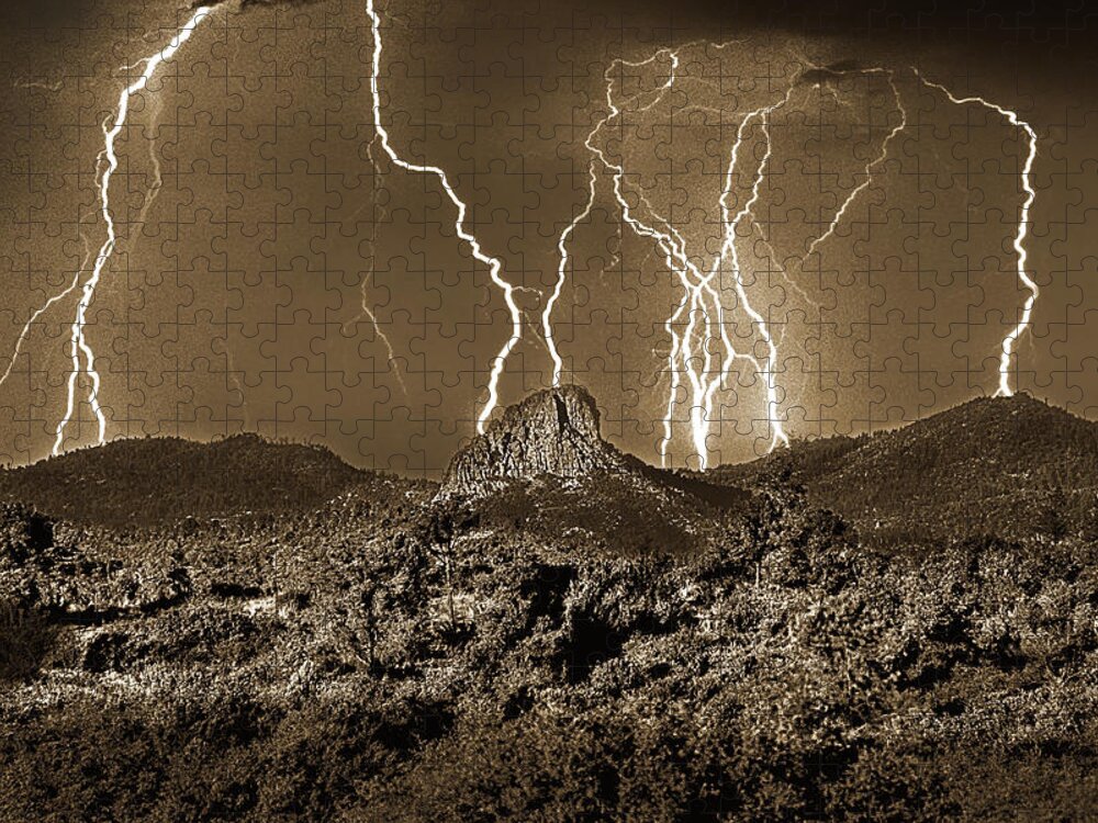 Monsoon Jigsaw Puzzle featuring the photograph Thumb Butte, Electrical Storm, Sepia, Prescott, Arizona by Don Schimmel