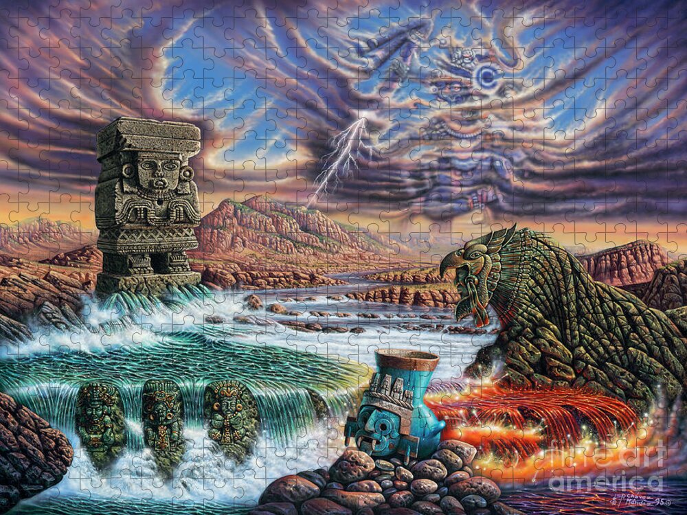 Aztec Jigsaw Puzzle featuring the painting Thundering Gods by Ricardo Chavez-Mendez