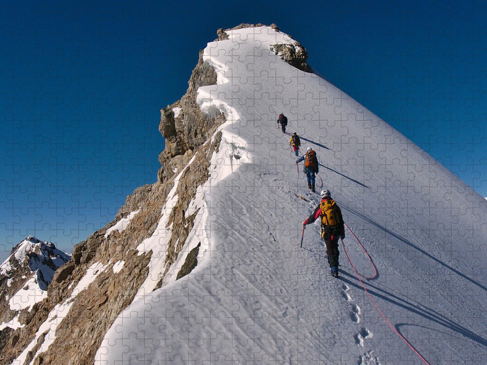 Bezengi Jigsaw Puzzle featuring the photograph Tied Climbers Climbing Mountain by Taras Kushnir