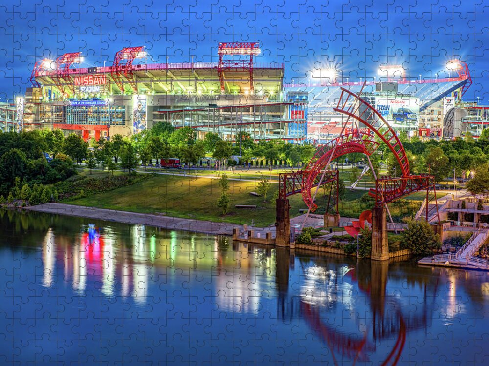 Tennessee Football Jigsaw Puzzle featuring the photograph Nashville's Gridiron Glory Along The River by Gregory Ballos