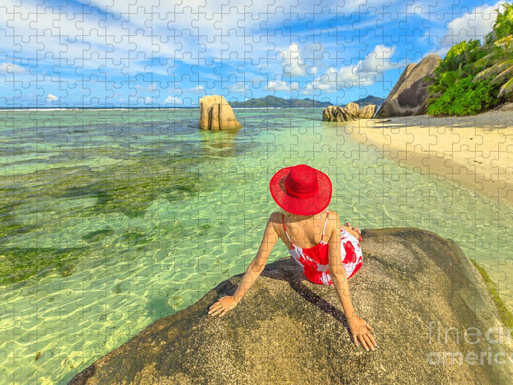 Seychelles Jigsaw Puzzle featuring the photograph Tourist woman at Source dArgent by Benny Marty