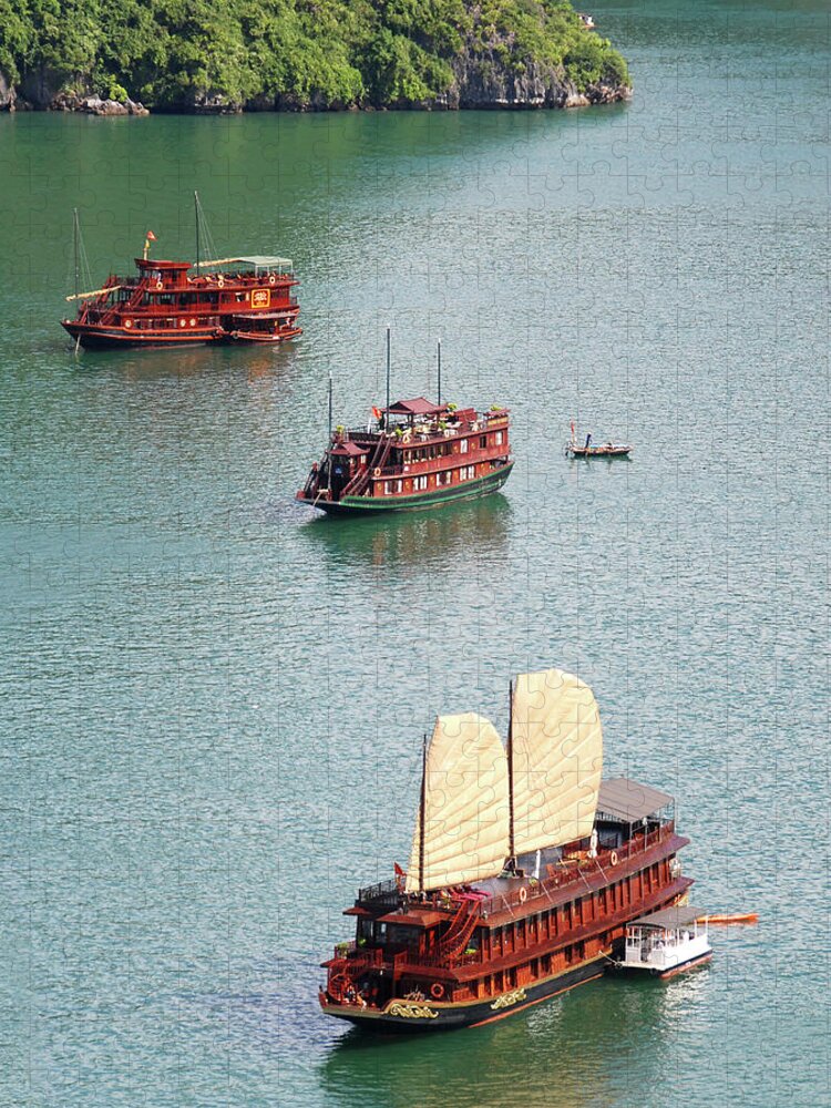 Seascape Jigsaw Puzzle featuring the photograph Tourist wooden Boats at Halong Bay Vietnam by Michalakis Ppalis