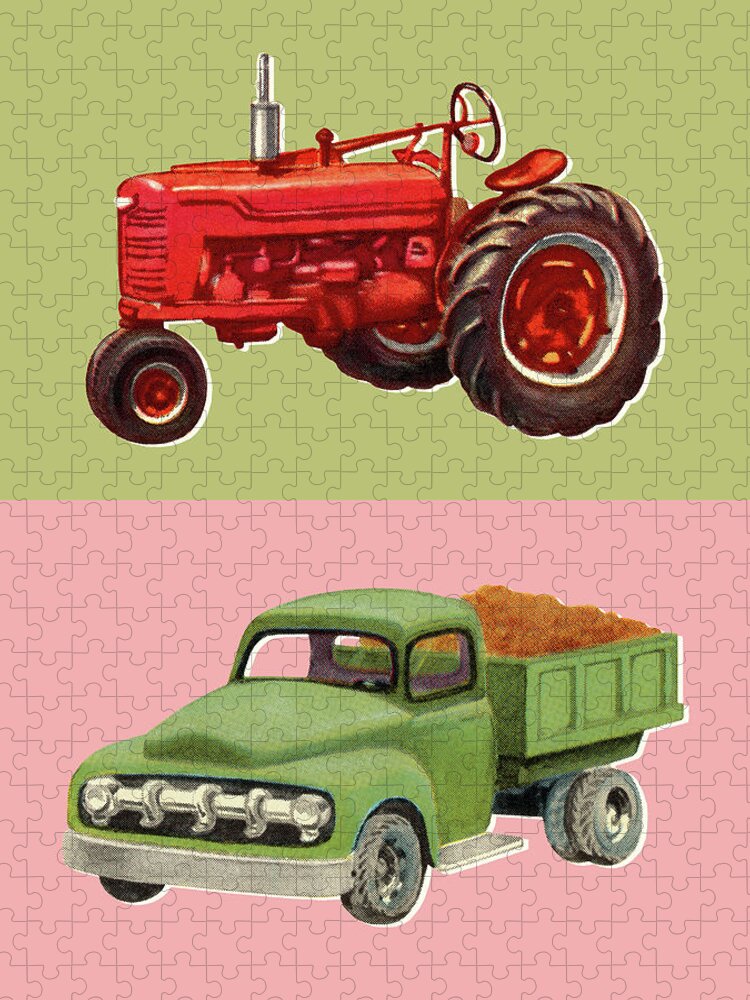 Agriculture Jigsaw Puzzle featuring the drawing Tractor and Pickup Truck by CSA Images