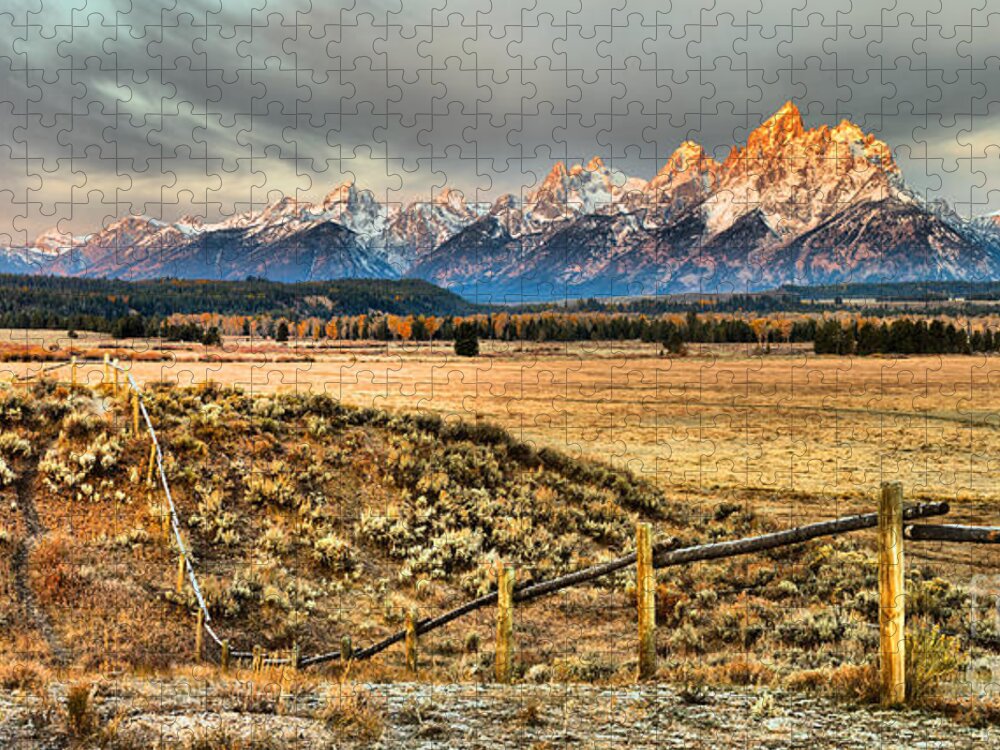 Teton Sunrise Jigsaw Puzzle featuring the photograph Traingle X Ranch Teton Alpenglow by Adam Jewell