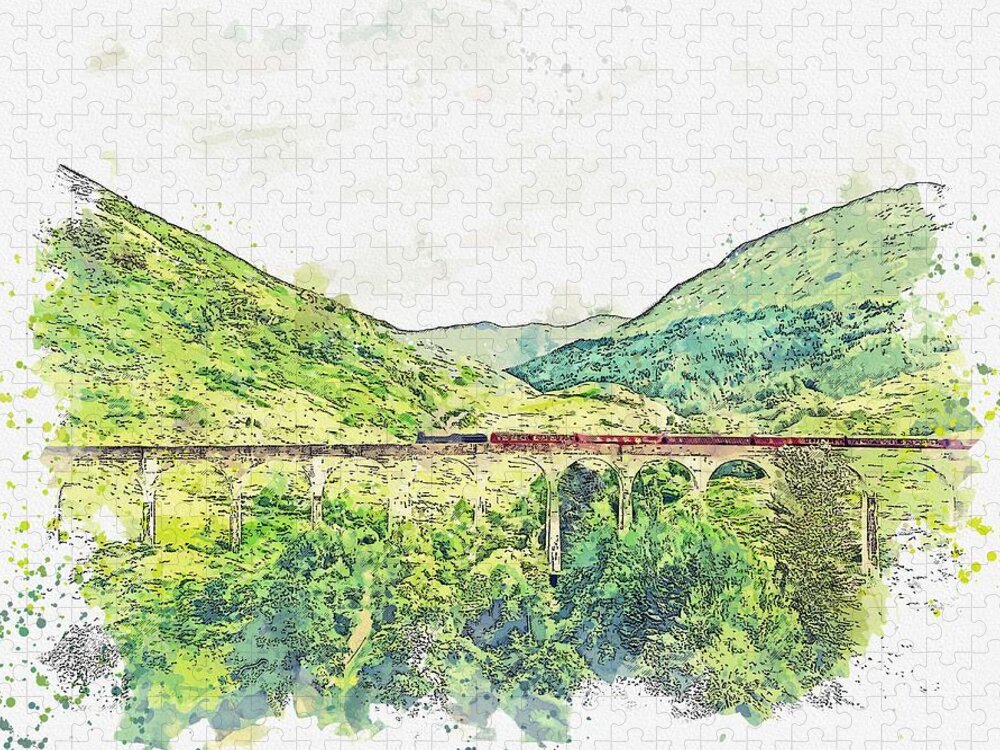 Nature Jigsaw Puzzle featuring the painting Traveling over Glenfinnan viaduct, Glenfinnan, Scotland watercolor by Ahmet Asar by Celestial Images