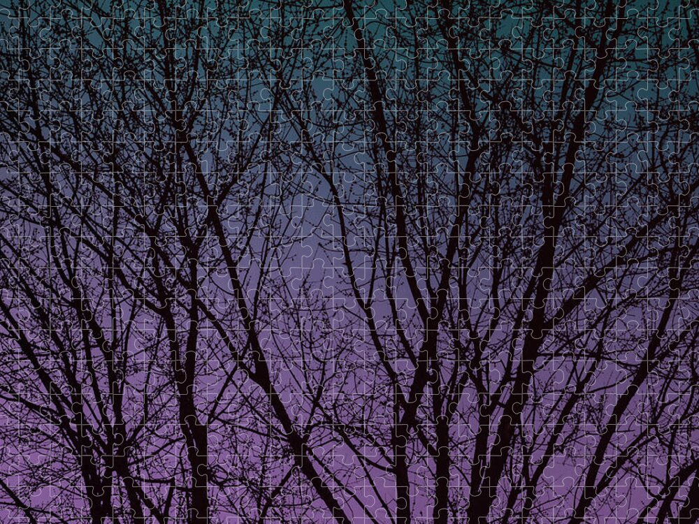 Trees Jigsaw Puzzle featuring the digital art Tree Silhouette Against Blue and Purple by Jason Fink