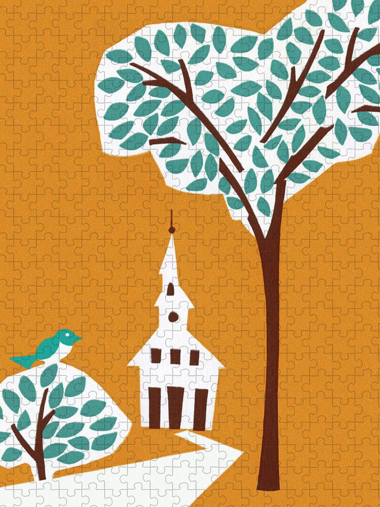 Animal Jigsaw Puzzle featuring the drawing Trees and Church by CSA Images