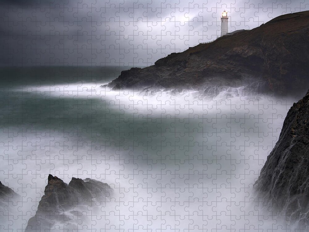 England Jigsaw Puzzle featuring the photograph Trevose Lighthouse In A Storm, Trevose by David Clapp