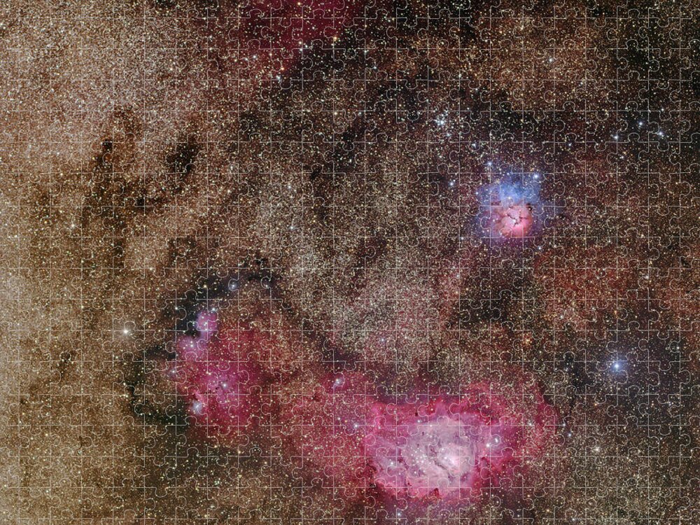 Dust Jigsaw Puzzle featuring the photograph Trifid Nebula And Lagoon Nebula by Phillip L Jones