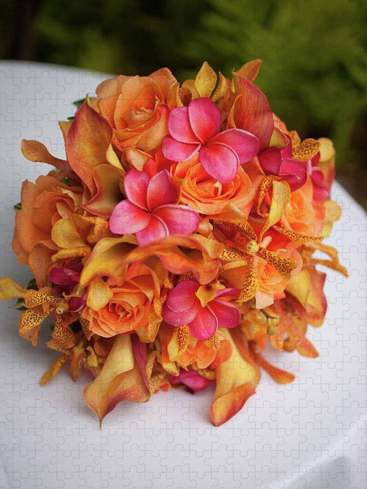 Orange Color Jigsaw Puzzle featuring the photograph Tropical Colorful Bridal Bouquet by Segray