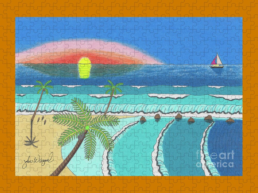Beach Jigsaw Puzzle featuring the drawing Tropical Sunrise by John Wiegand