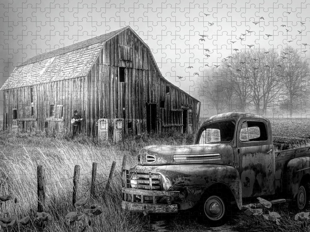 1951 Jigsaw Puzzle featuring the photograph Truck in the Fog in Black and White by Debra and Dave Vanderlaan