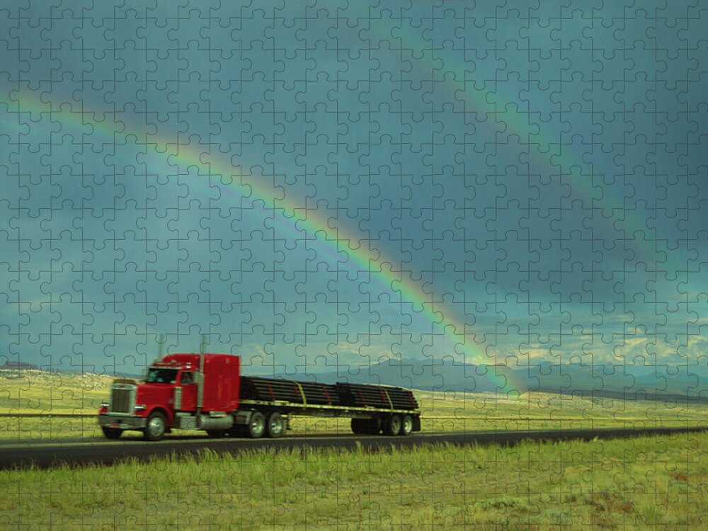 Curve Jigsaw Puzzle featuring the photograph Truck With Rainbow Overhead, Blurred by Steve Satushek