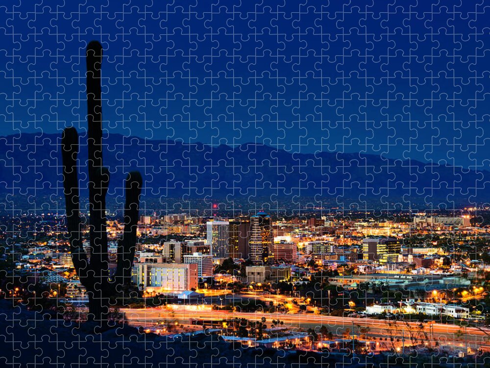 University Of Arizona Puzzle featuring the photograph Tucson Arizona At Night Framed By by Dszc