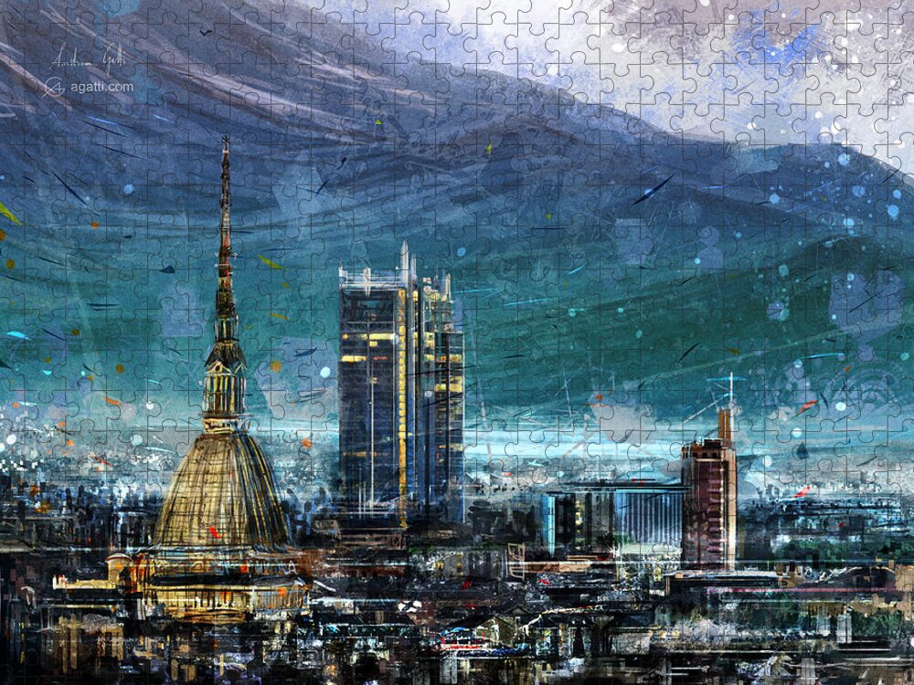 Italy Jigsaw Puzzle featuring the digital art Turin Cityscape by Andrea Gatti