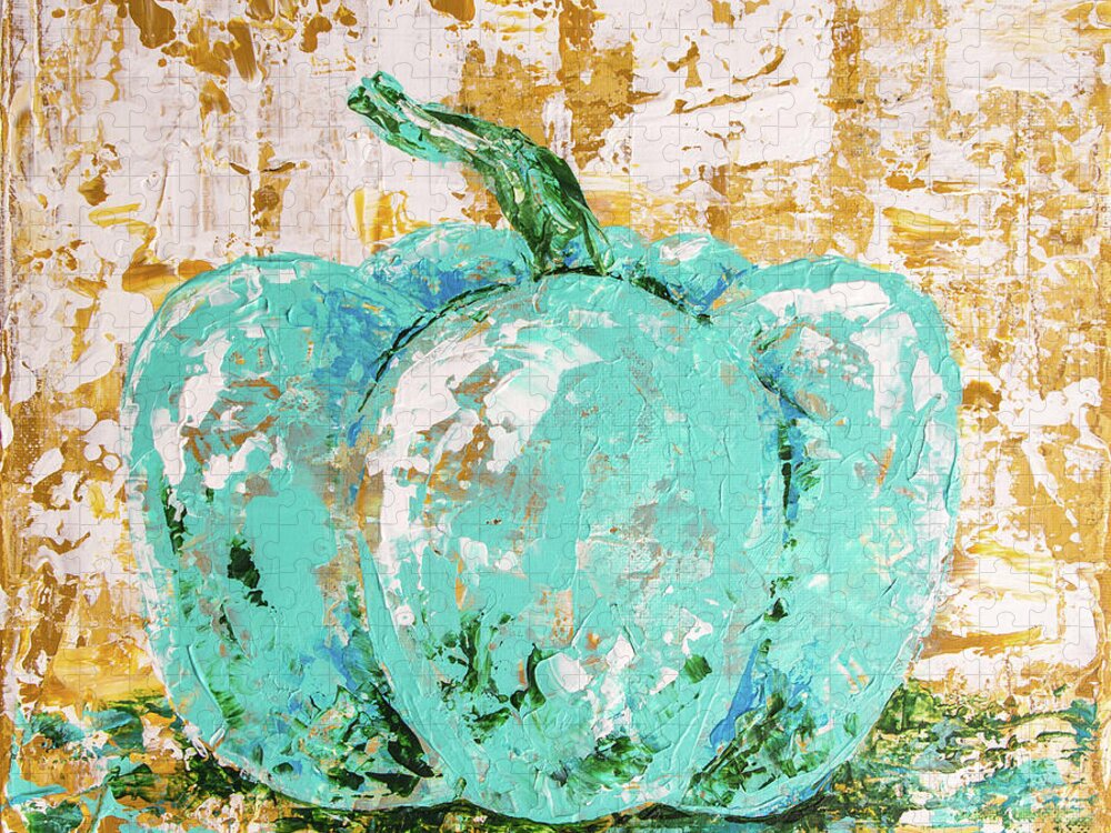 Pumpkin Jigsaw Puzzle featuring the painting Turquoise Fall Pumpkin by Cheryl McClure