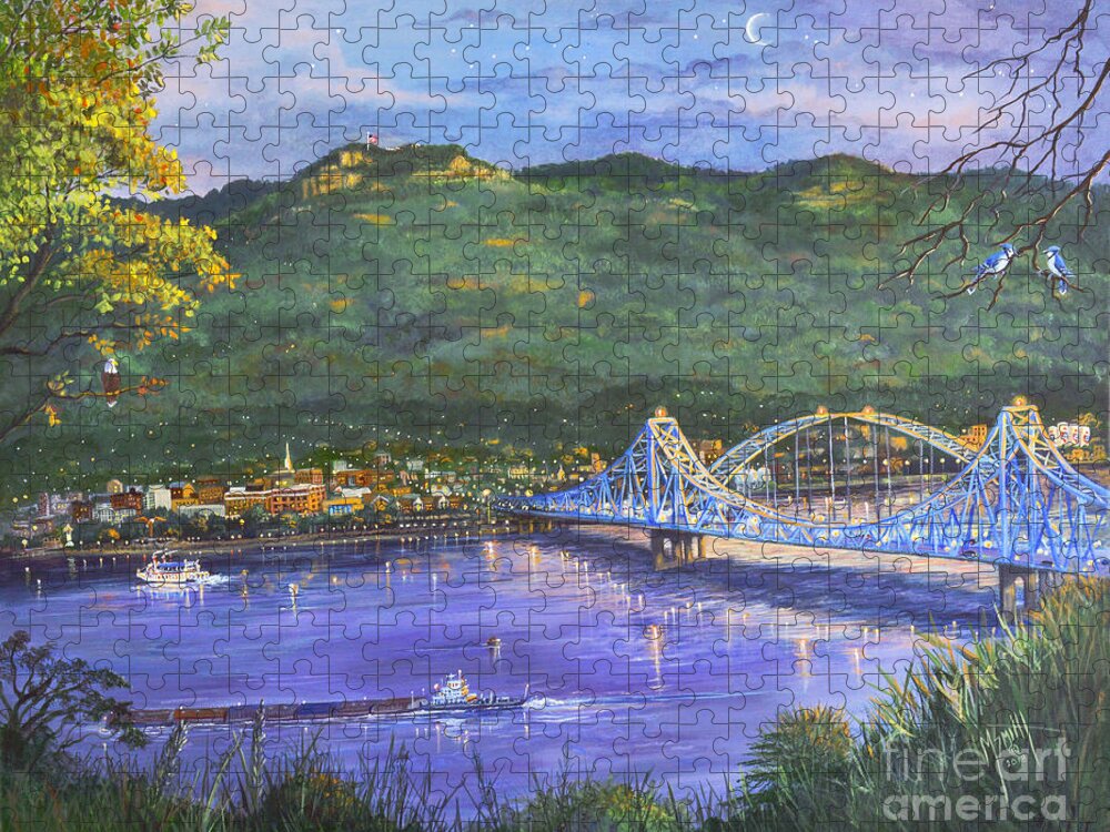 Blue Bridges Jigsaw Puzzle featuring the painting Twilight At Blue Bridges by Marilyn Smith