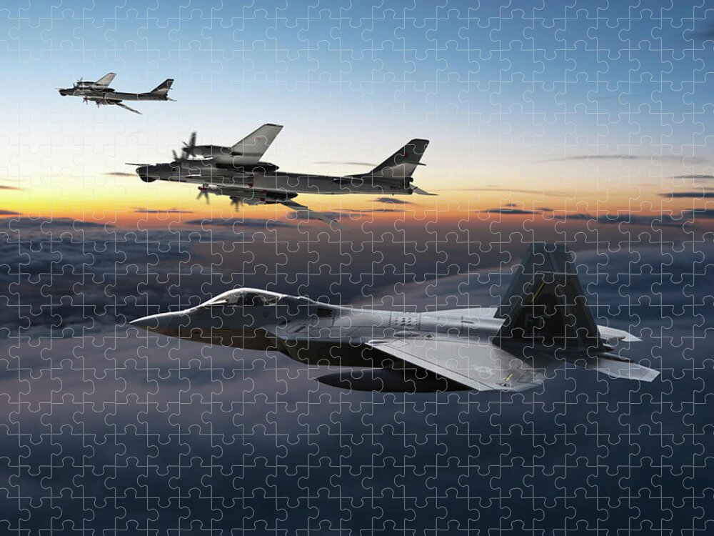 U.s. Air Force Jigsaw Puzzle featuring the digital art Twilight Intercept - F-22A Raptor and Russian Bears by Erik Simonsen