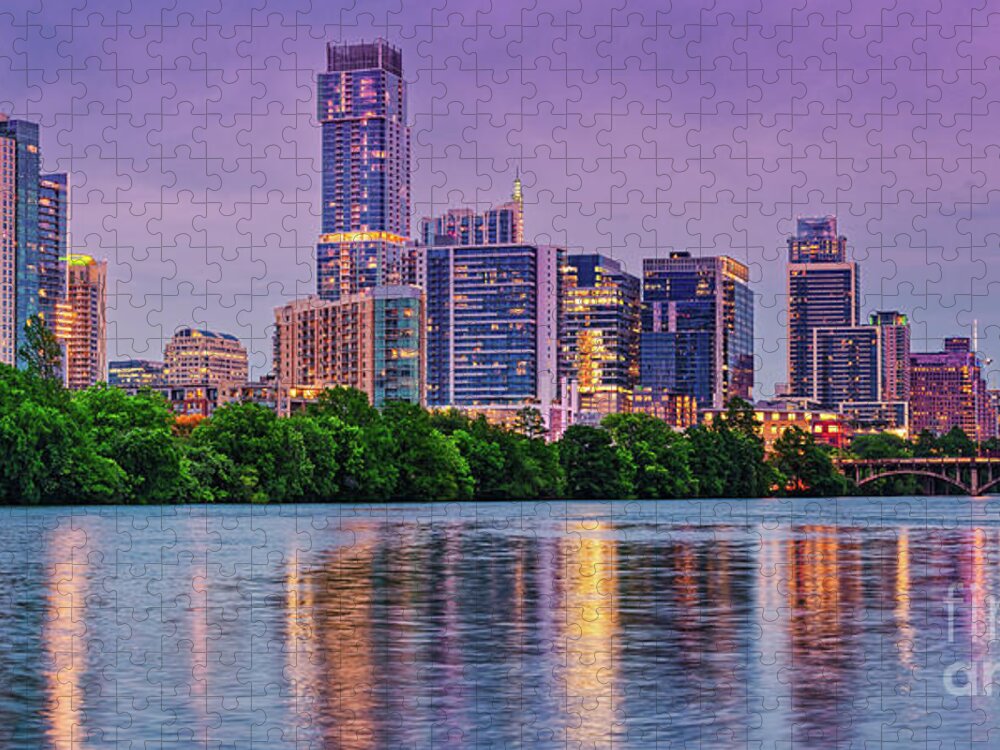 Downtown Austin Jigsaw Puzzle featuring the photograph Twilight Panorama of Downtown Austin Skyline and Lady Bird Lake - Austin Texas Hill Country by Silvio Ligutti