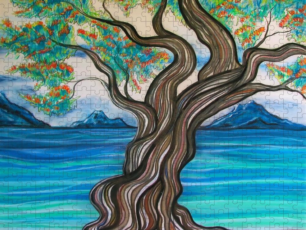 Water View Jigsaw Puzzle featuring the drawing Twisted Tree by Joan Stratton