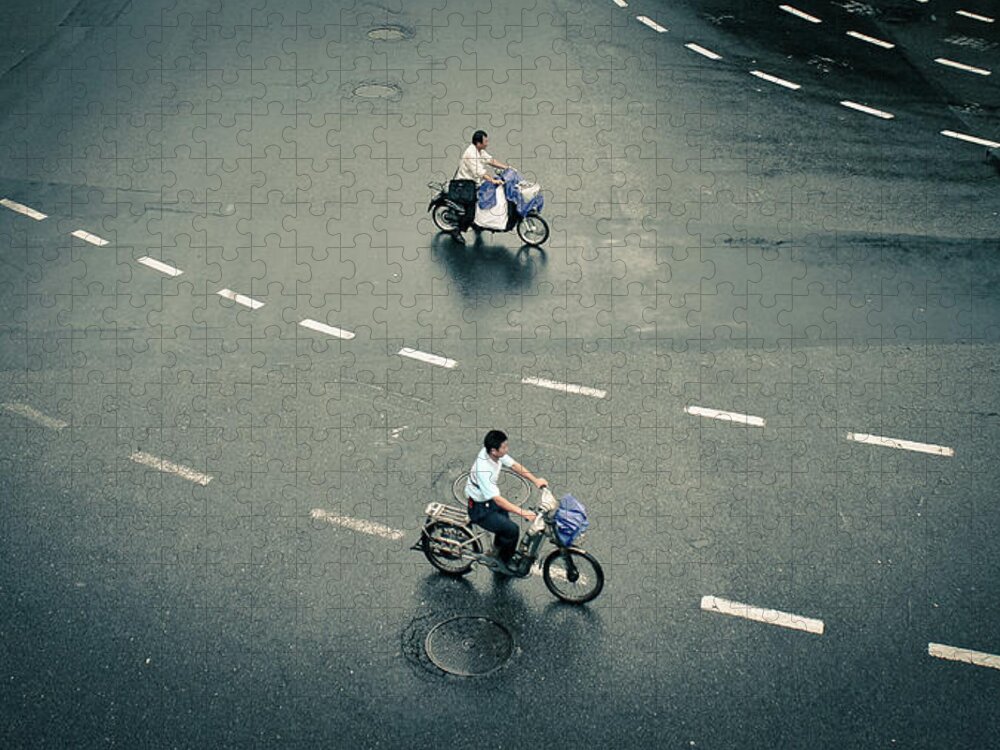People Jigsaw Puzzle featuring the photograph Two Asian Men Riding On Bicycles by D3sign