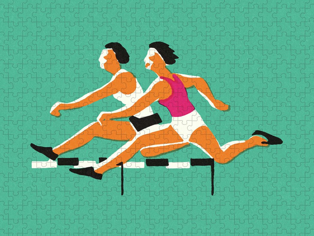 Activity Jigsaw Puzzle featuring the drawing Two Athletes Running Hurdles by CSA Images