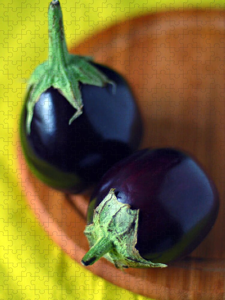 Cutting Board Jigsaw Puzzle featuring the photograph Two Baby Aubergines Eggplants by Photo By Ira Heuvelman-dobrolyubova