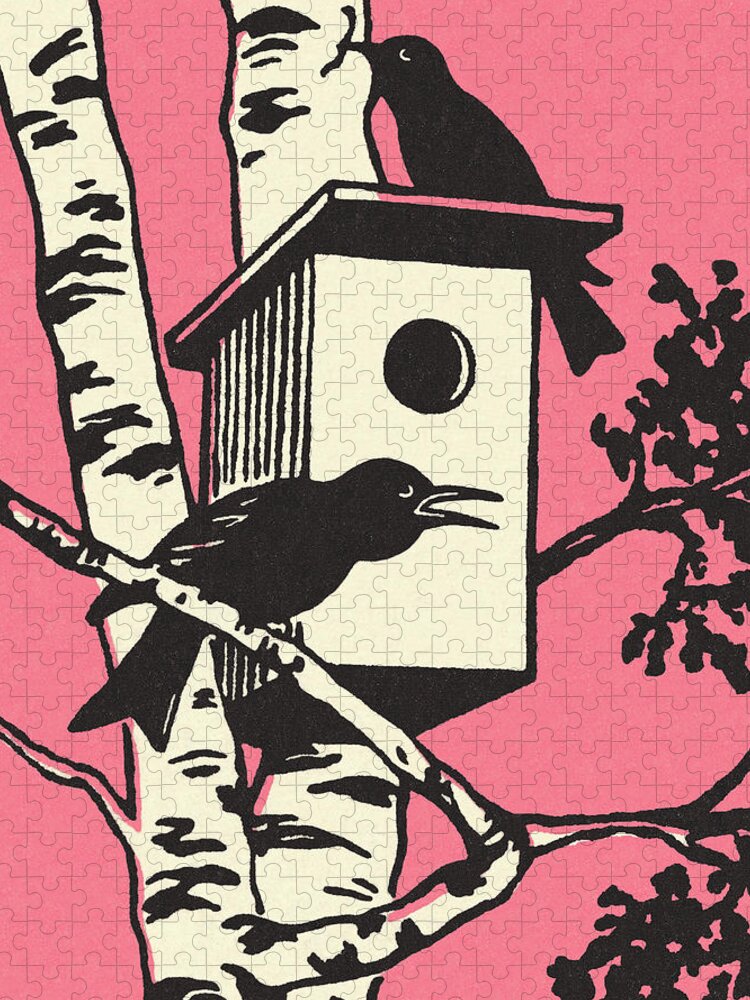 Animal Jigsaw Puzzle featuring the drawing Two Birds and a Birdhouse by CSA Images