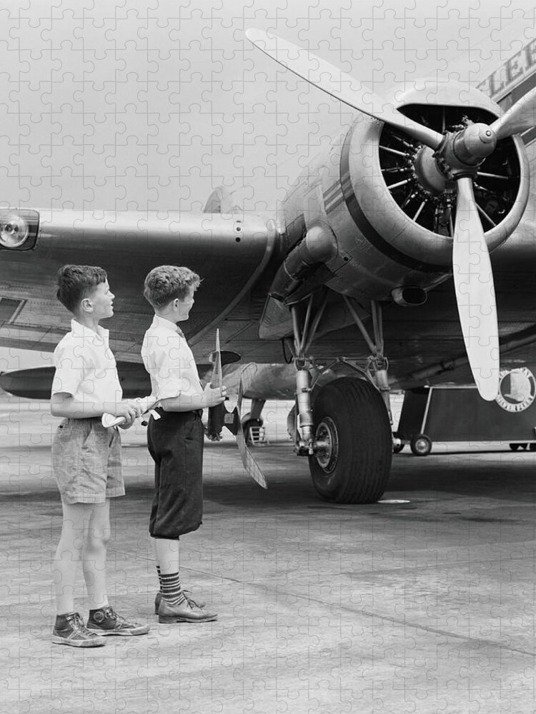 Child Jigsaw Puzzle featuring the photograph Two Boys Standing Next To Propeller by H. Armstrong Roberts