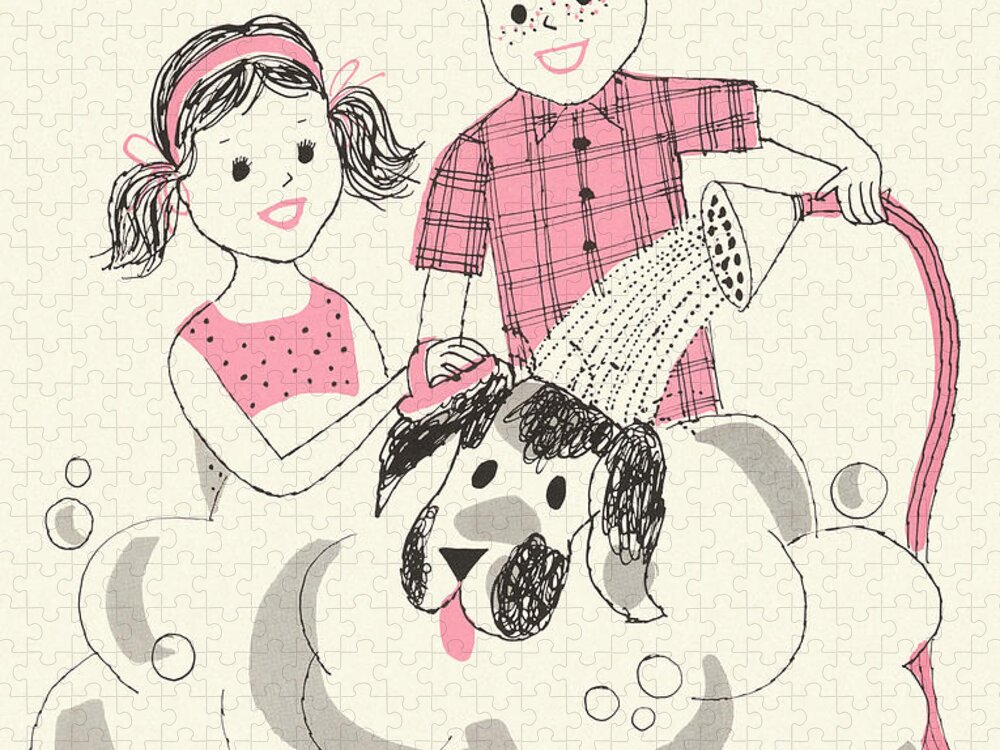 Animal Jigsaw Puzzle featuring the drawing Two Children Washing a Dog by CSA Images
