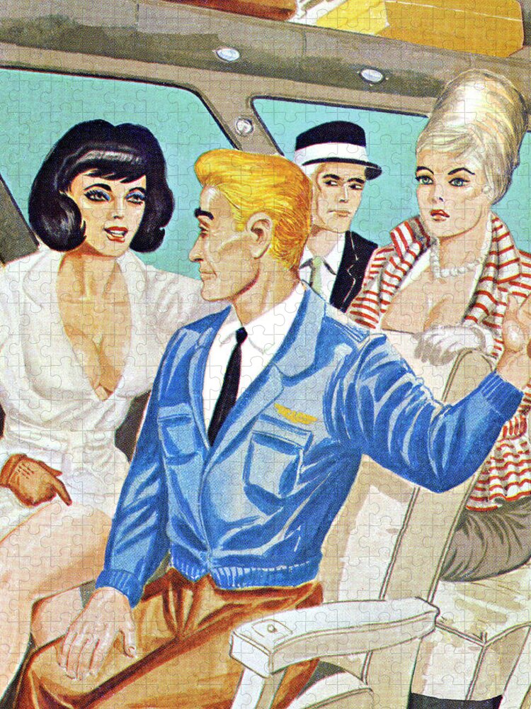 Adult Jigsaw Puzzle featuring the drawing Two Couples Riding the Bus by CSA Images