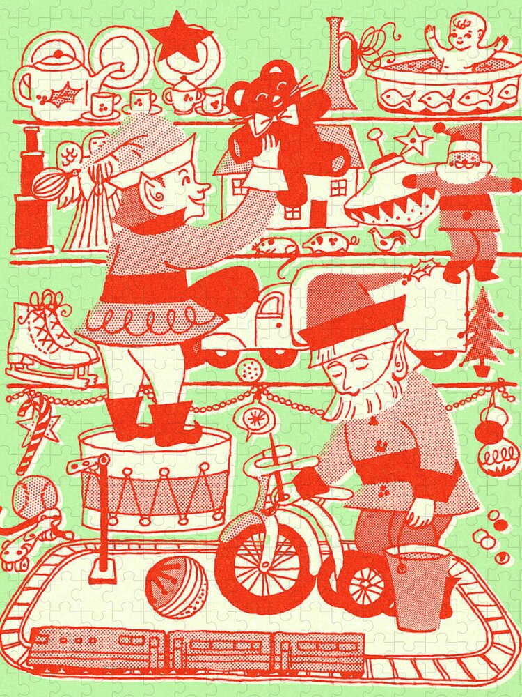 Campy Jigsaw Puzzle featuring the drawing Two Elves and a Shelf of Toys by CSA Images