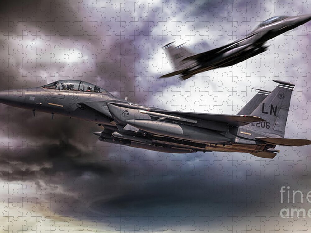 F15 Jigsaw Puzzle featuring the digital art Two F-15E Strike Eagle passing in storm clouds by Simon Bratt
