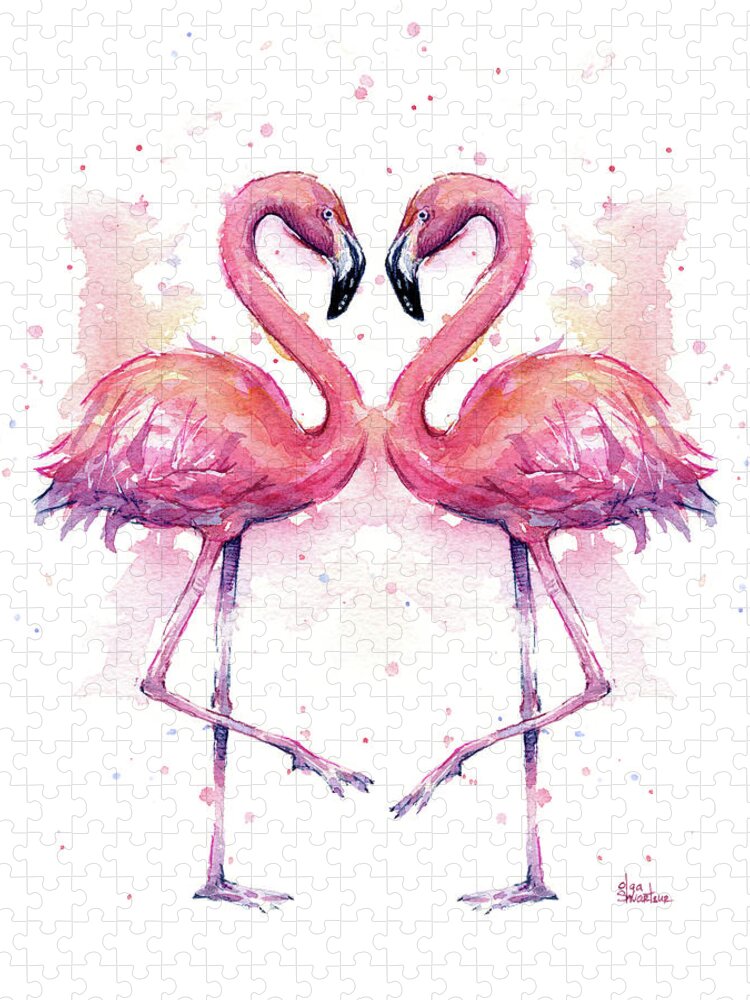 Flamingo Jigsaw Puzzle featuring the painting Two Flamingos In Love Watercolor by Olga Shvartsur