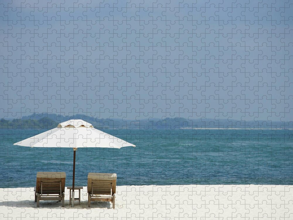 Tranquility Jigsaw Puzzle featuring the photograph Two Lounge Chairs On White Sand Beach by Asia Images
