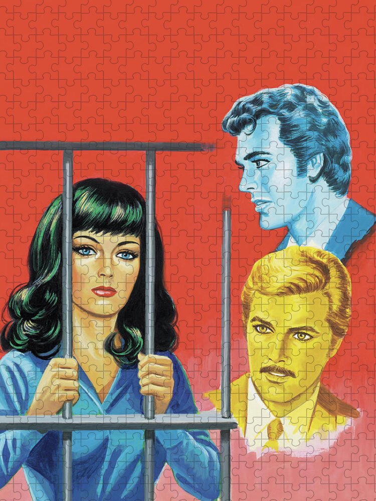 Adult Jigsaw Puzzle featuring the drawing Two Men and Woman Behind Bars by CSA Images
