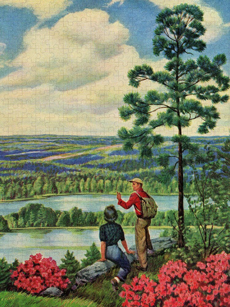 Adventure Jigsaw Puzzle featuring the drawing Two People at a Scenic Overlook by CSA Images