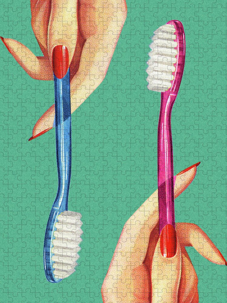 Bathroom Jigsaw Puzzle featuring the drawing Two Toothbrushes by CSA Images