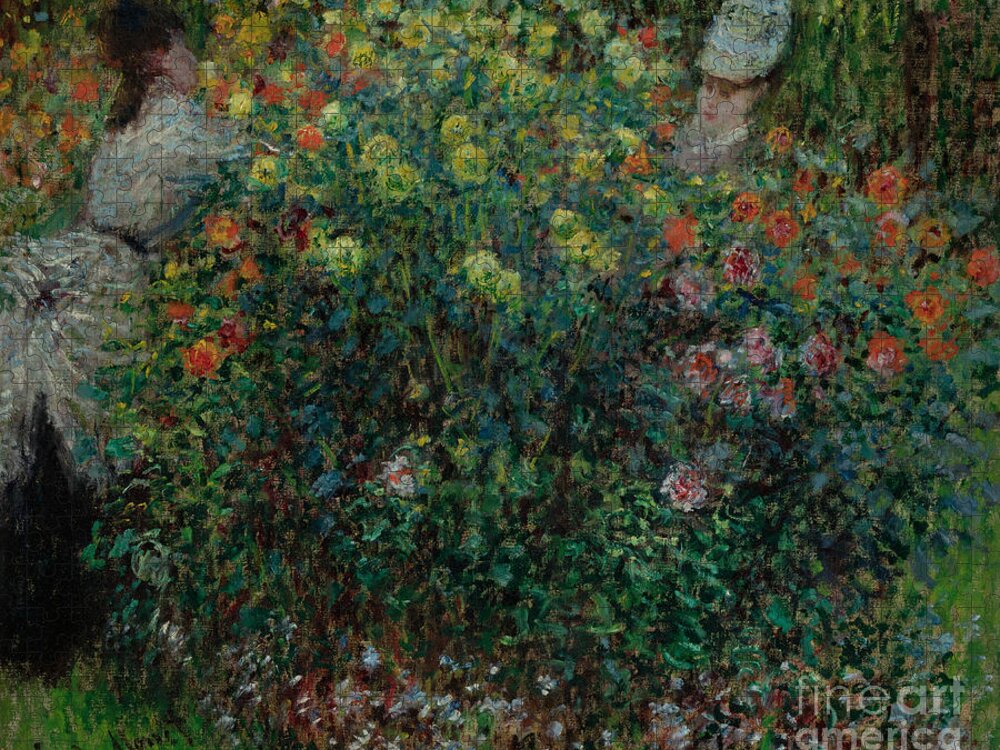 Monet Jigsaw Puzzle featuring the painting Two Women among the Flowers, 1875 by Claude Monet