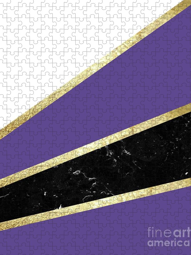 Graphic-design Jigsaw Puzzle featuring the mixed media Ultra Violet, White, Black Marble and Gold Stripes Glam #1 #minimal #decor #art by Anitas and Bellas Art