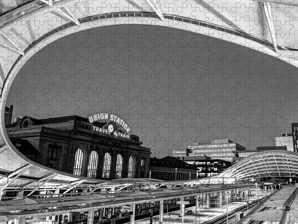 America Jigsaw Puzzle featuring the photograph Union Station of Denver Colorado - Monochrome Decor by Gregory Ballos