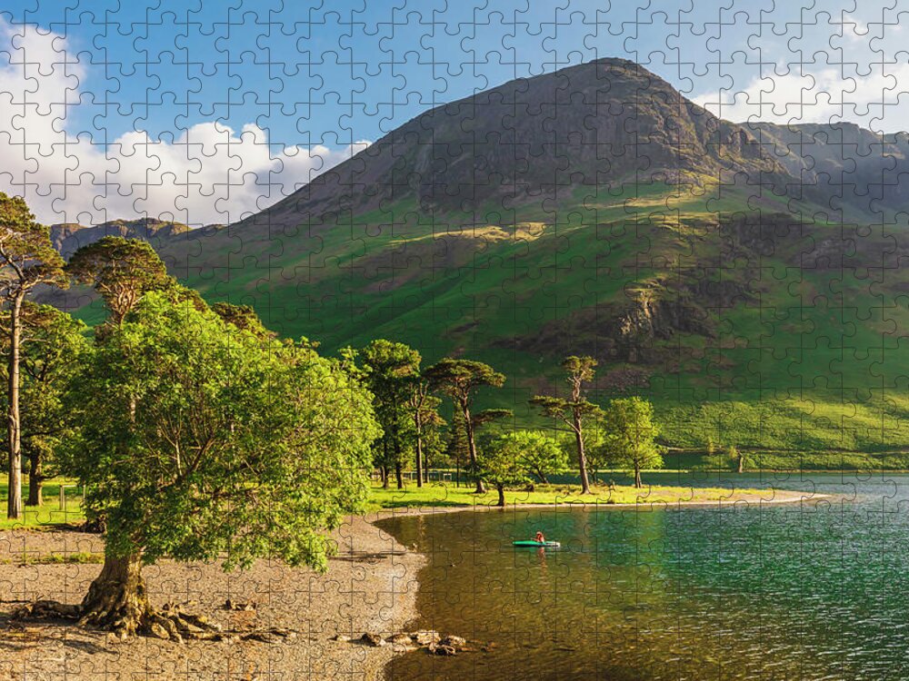 Estock Jigsaw Puzzle featuring the digital art United Kingdom, England, Cumbria, Great Britain, Lake District, British Isles, Buttermere, View Of The Trees By The Lake At Buttermere In The Lake District by Maurizio Rellini