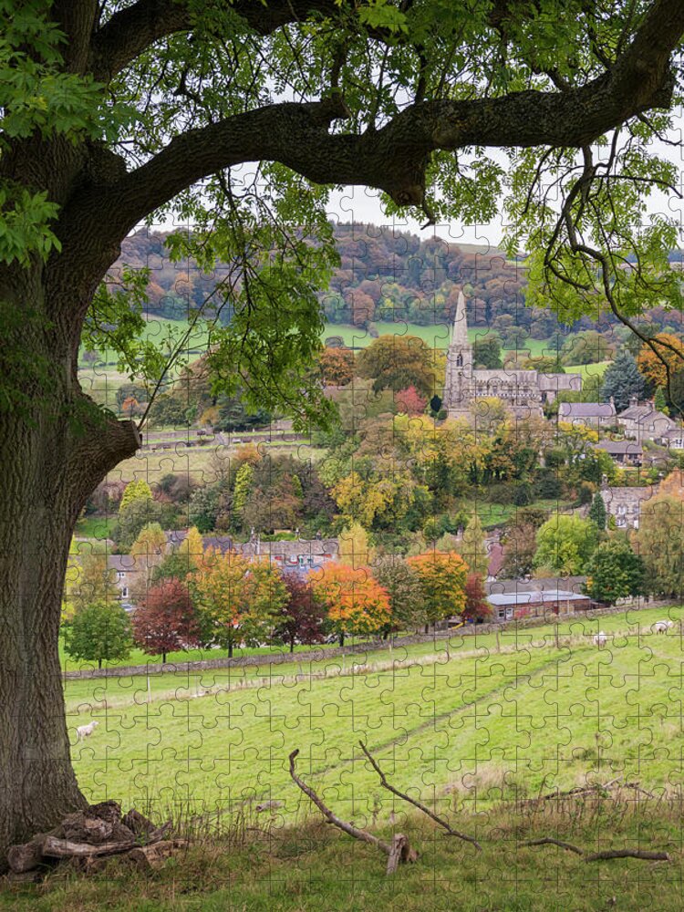 Estock Jigsaw Puzzle featuring the digital art United Kingdom, England, Derbyshire, Hathersage, Great Britain, Peak District National Park, British Isles, The Village Church Framed By Autumn Oak Tree Branches by Deborah Waters